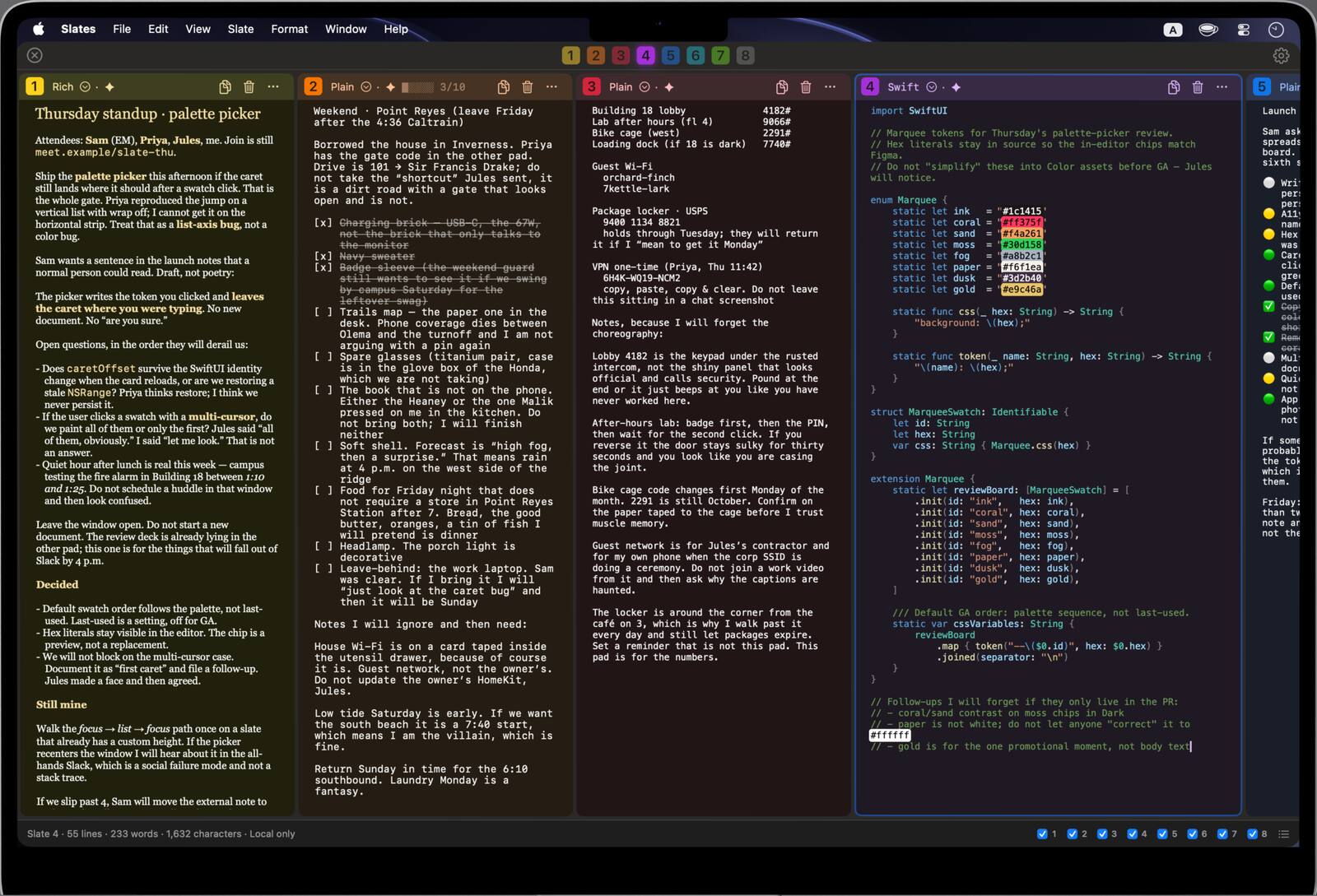 Slates in Dark, filling a MacBook Pro screen: a horizontal strip of slates with a meeting note, a packing list with struck-through items, door and locker codes, and Swift code with color chips.