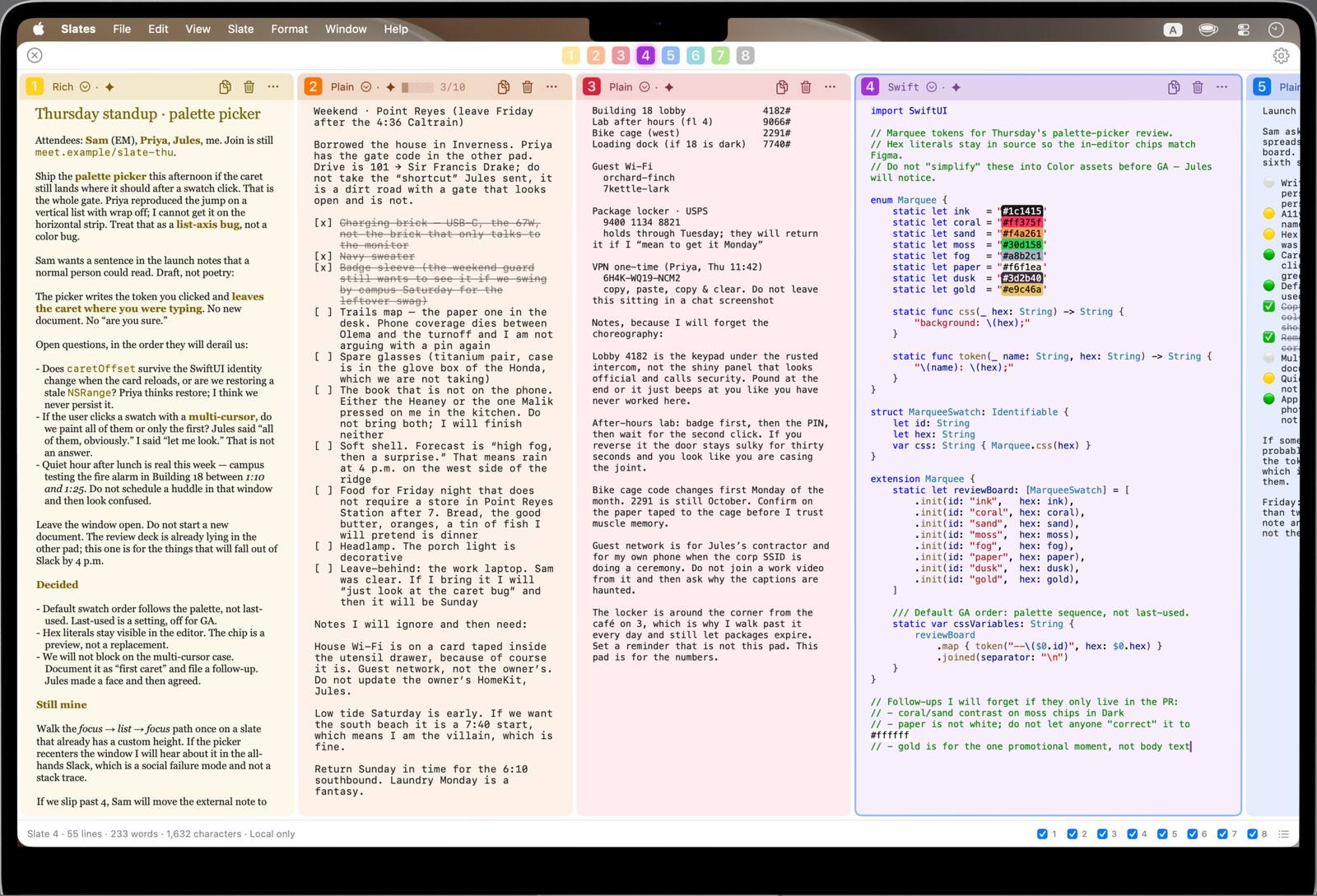 The same desk in Light: each slate keeps its hue on a pale wash, from the yellow meeting note to the purple Swift code.