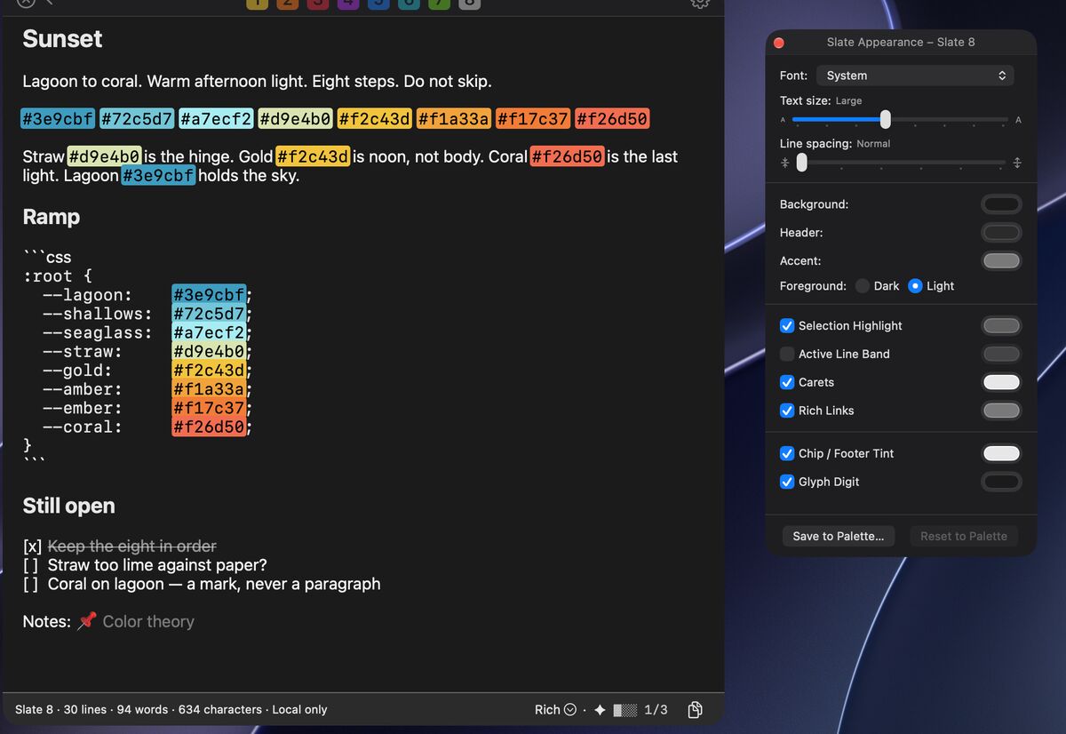 The Slate Appearance panel open beside slate 8, Sunset: font, text size, and line spacing controls above background, header, and accent color wells, with toggles for selection highlight, caret, and rich links.