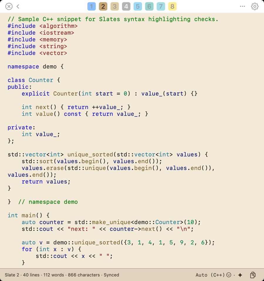 C++ on a pale gray slate: a Counter class, a sorted-unique helper using the standard library, and a main function.