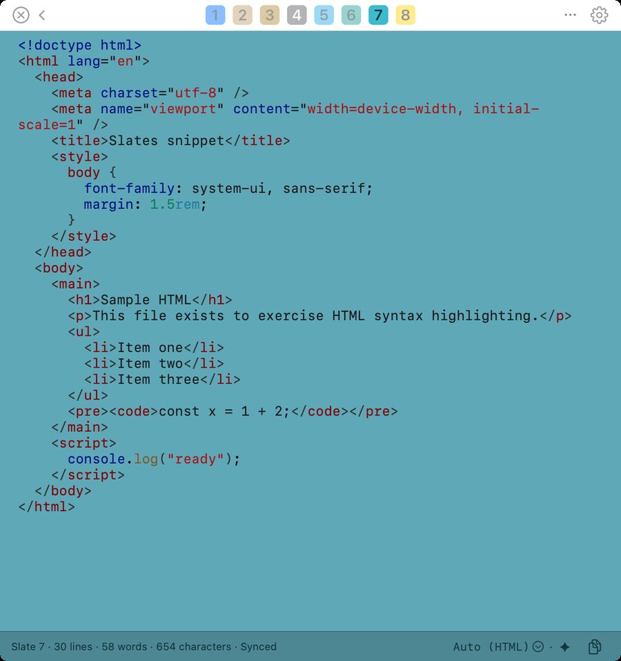 HTML on a teal slate: a small page with a head, inline styles, a list, and a script tag.
