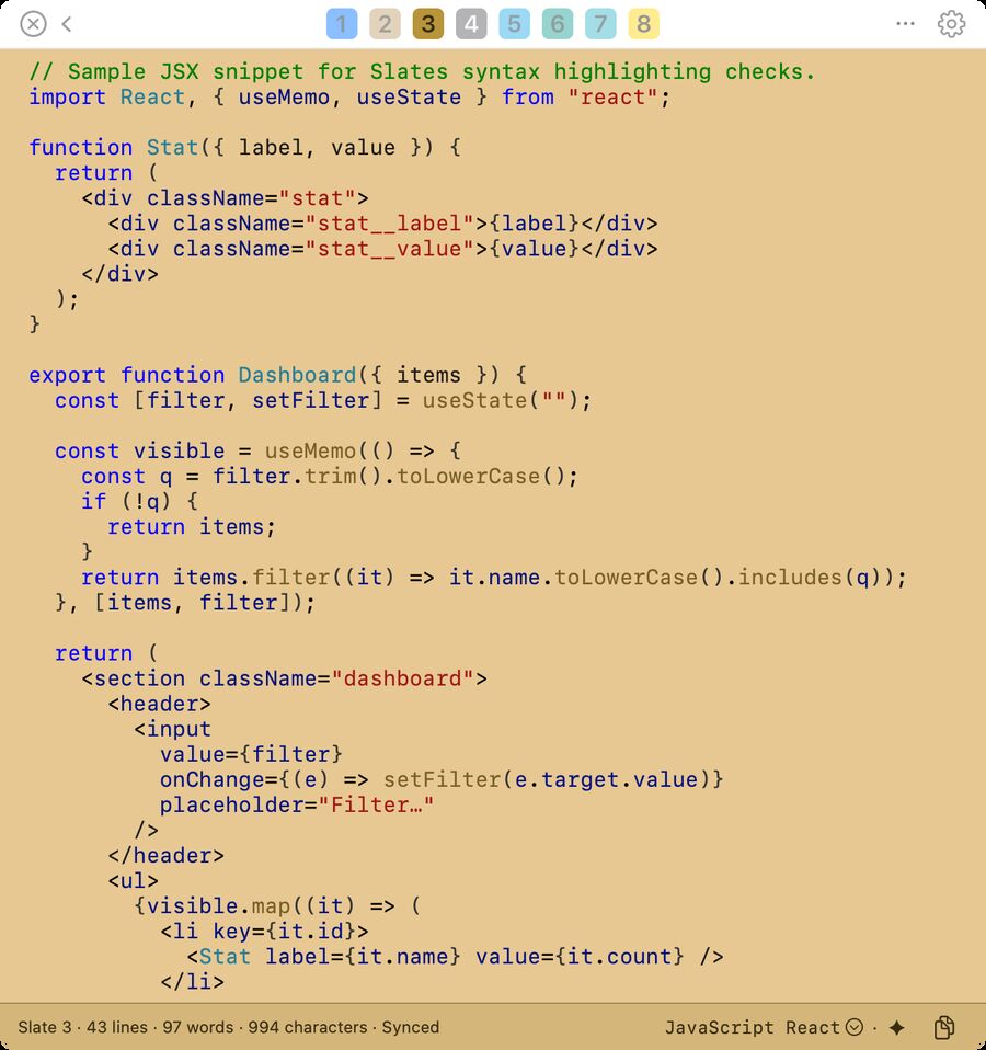 JavaScript React on a tan slate: a Stat component and a Dashboard with a filter input and a mapped list.
