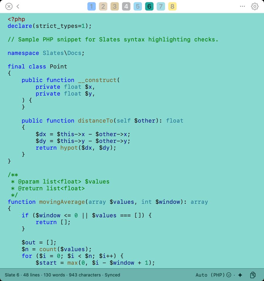 PHP on a teal slate: a Point class with a constructor and distance method, and a moving-average function.