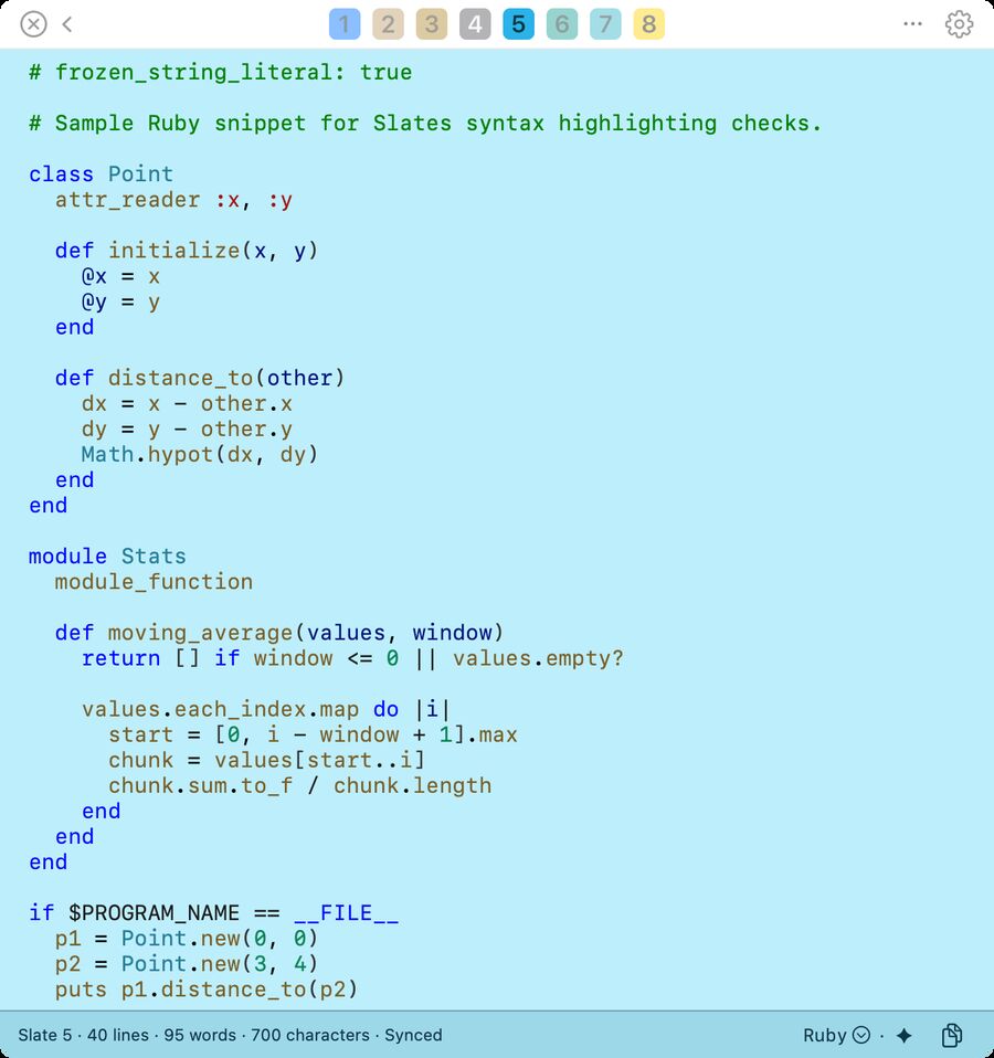 Ruby on a sky-blue slate: a Point class, a Stats module with a moving average, and a main guard.