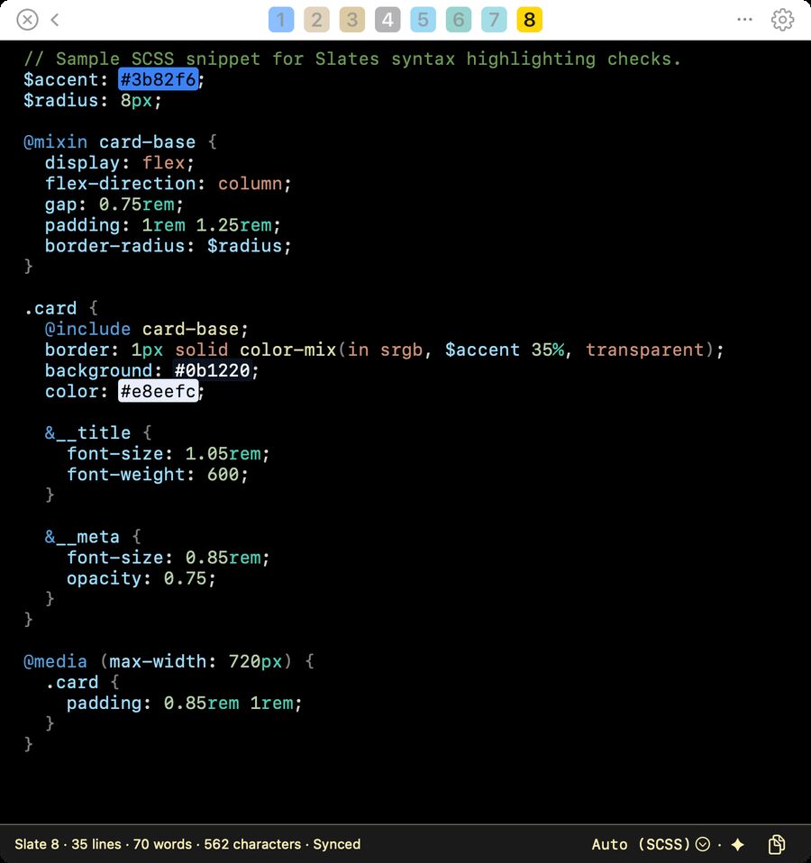 SCSS on a black slate: variables with color swatches, a card mixin, nested selectors, and a media query.