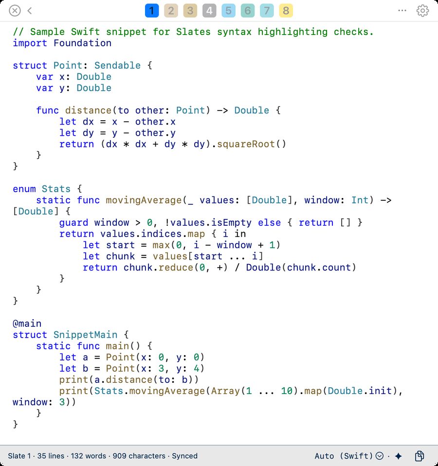 Swift on a white slate: a Point struct with a distance method, a moving-average function, and a main entry point.