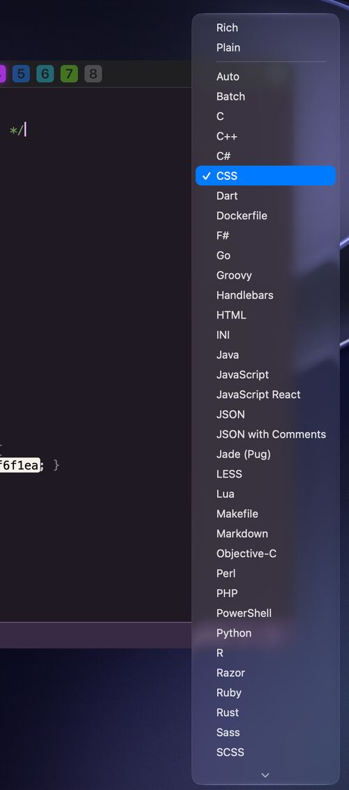 The language menu open over a CSS slate: Auto, then an alphabetical list from Batch to SCSS, with CSS checked.