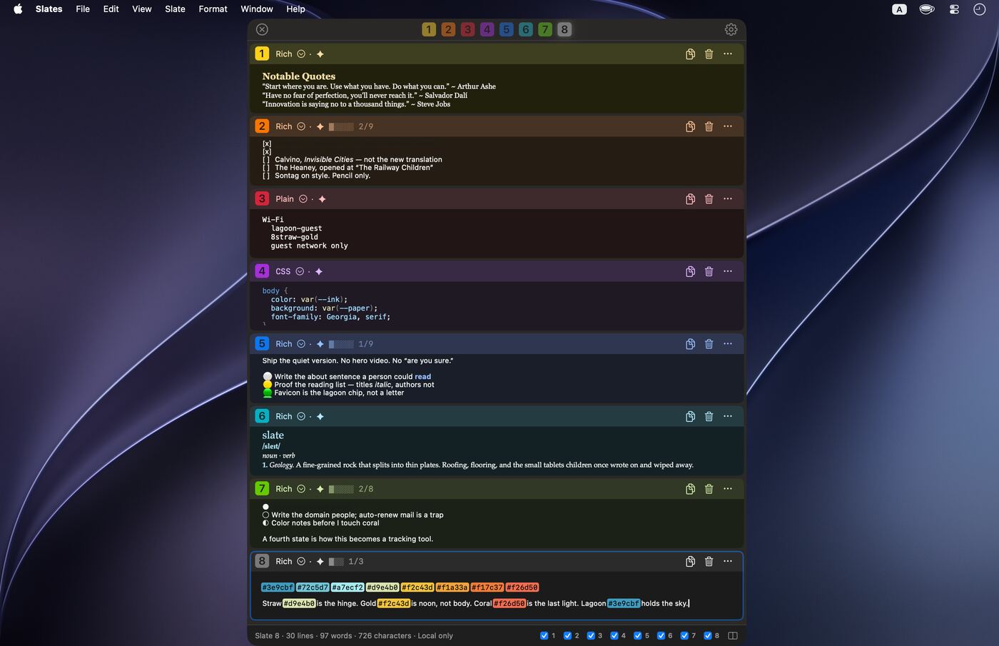 Slates on a MacBook Pro desktop in Dark, as a vertical list: all eight slates stacked in one tall, centered window.