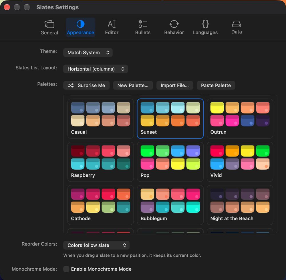 Slates Settings, Appearance pane: Theme set to Match System, the list layout, and a grid of palette previews including Casual, Sunset, Outrun, Raspberry, Pop, and Vivid.