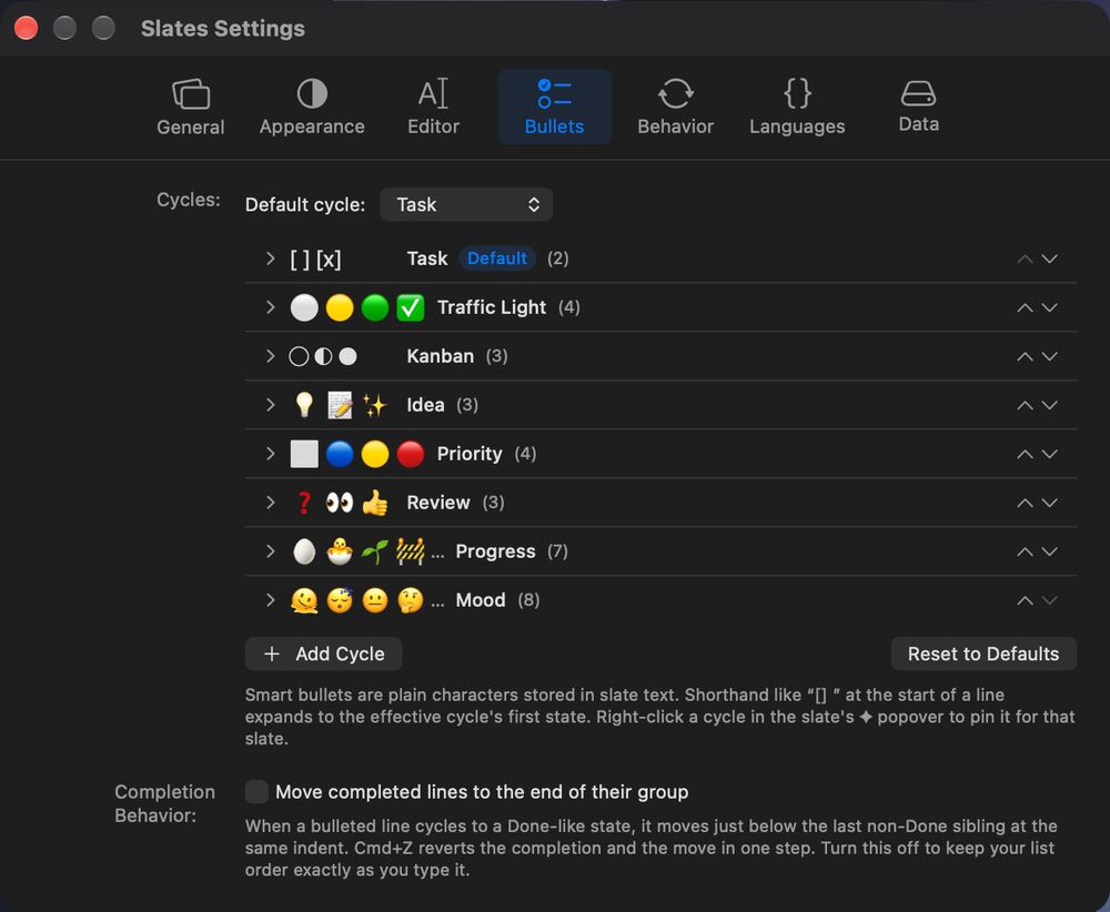 Slates Settings, Bullets pane: the default cycle set to Task, and the eight built-in cycles listed with their bullets, with Add Cycle and Reset to Defaults buttons.