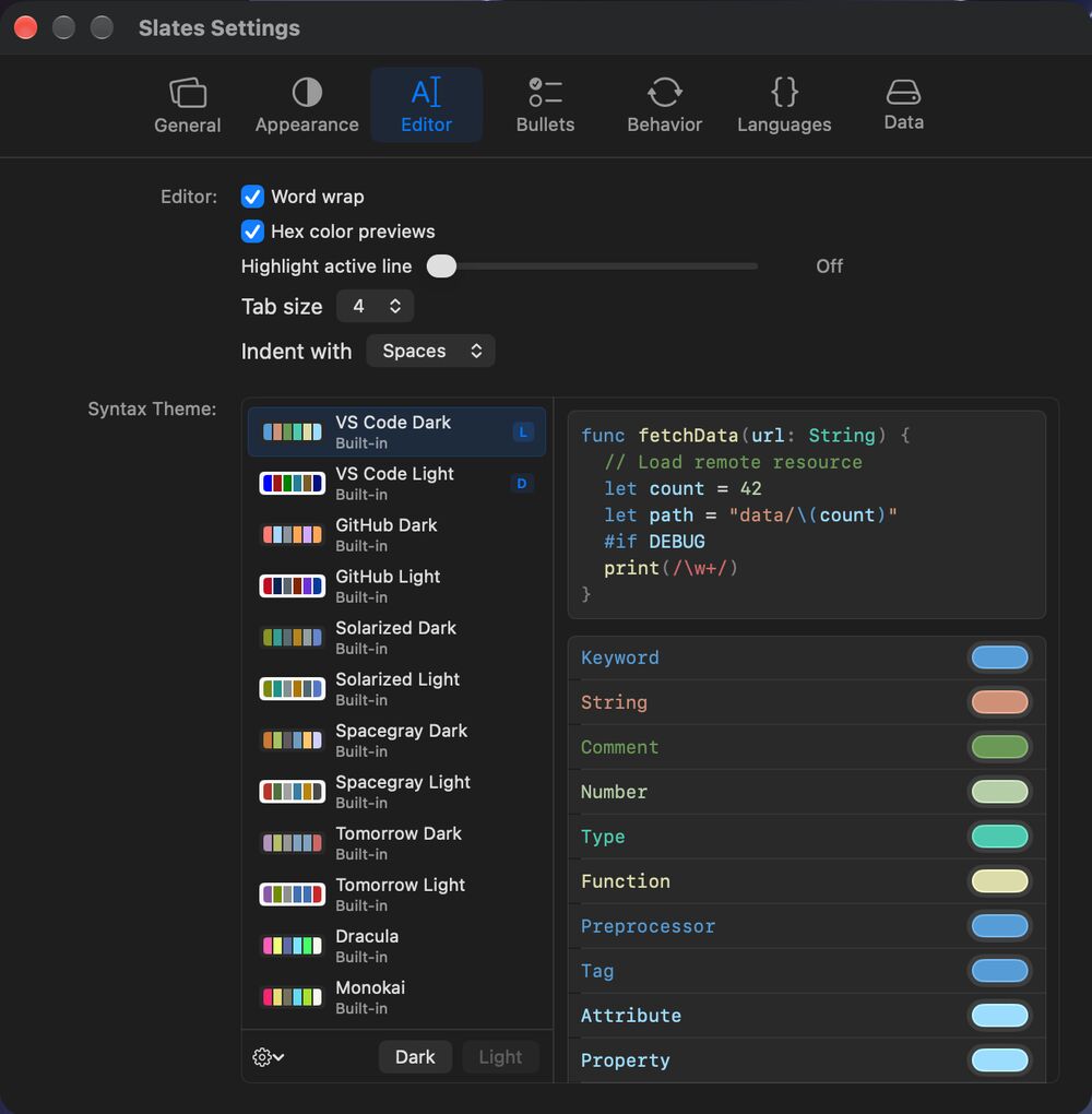 Slates Settings, Editor pane: word wrap, hex color previews, highlight active line, tab size, and indentation, above a list of syntax themes with a live preview.