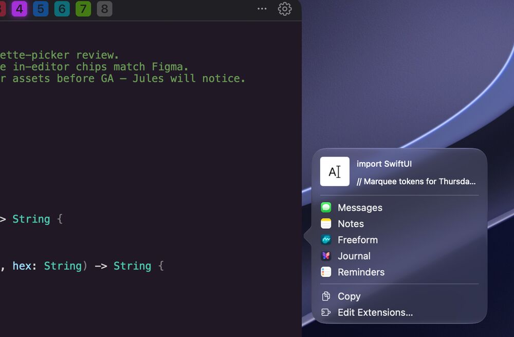 A slate of Swift code with the macOS share menu open beside it, offering Messages, Notes, Freeform, Journal, Reminders, and Copy.