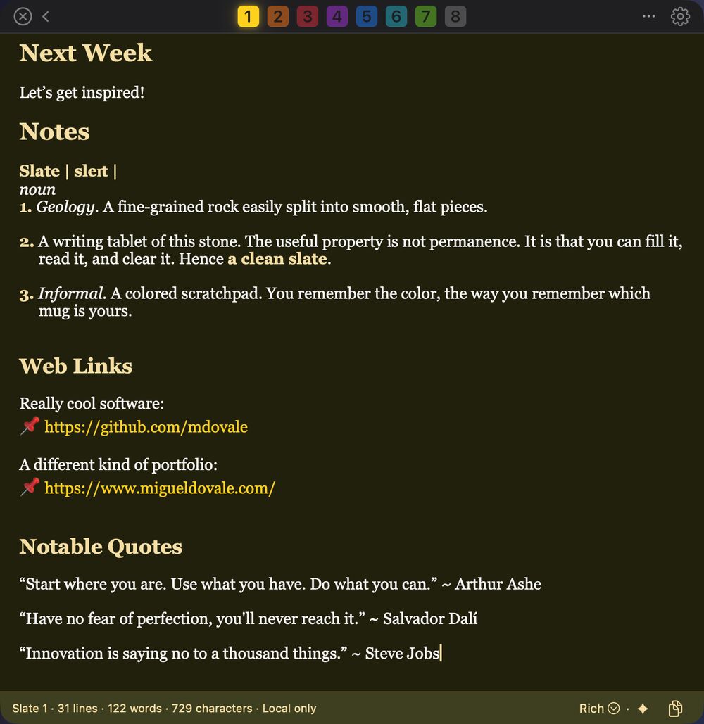 Rich mode: slate 1, Next Week, in Georgia, with bold headings, a dictionary-style note, clickable links, and quotes.