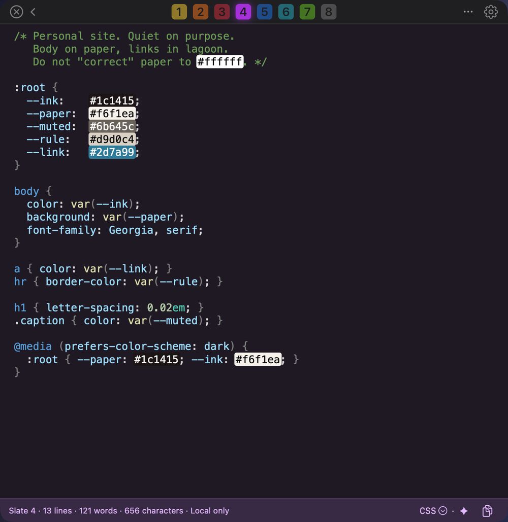 Code mode: slate 4’s CSS, syntax-colored, with a swatch beside each hex value.