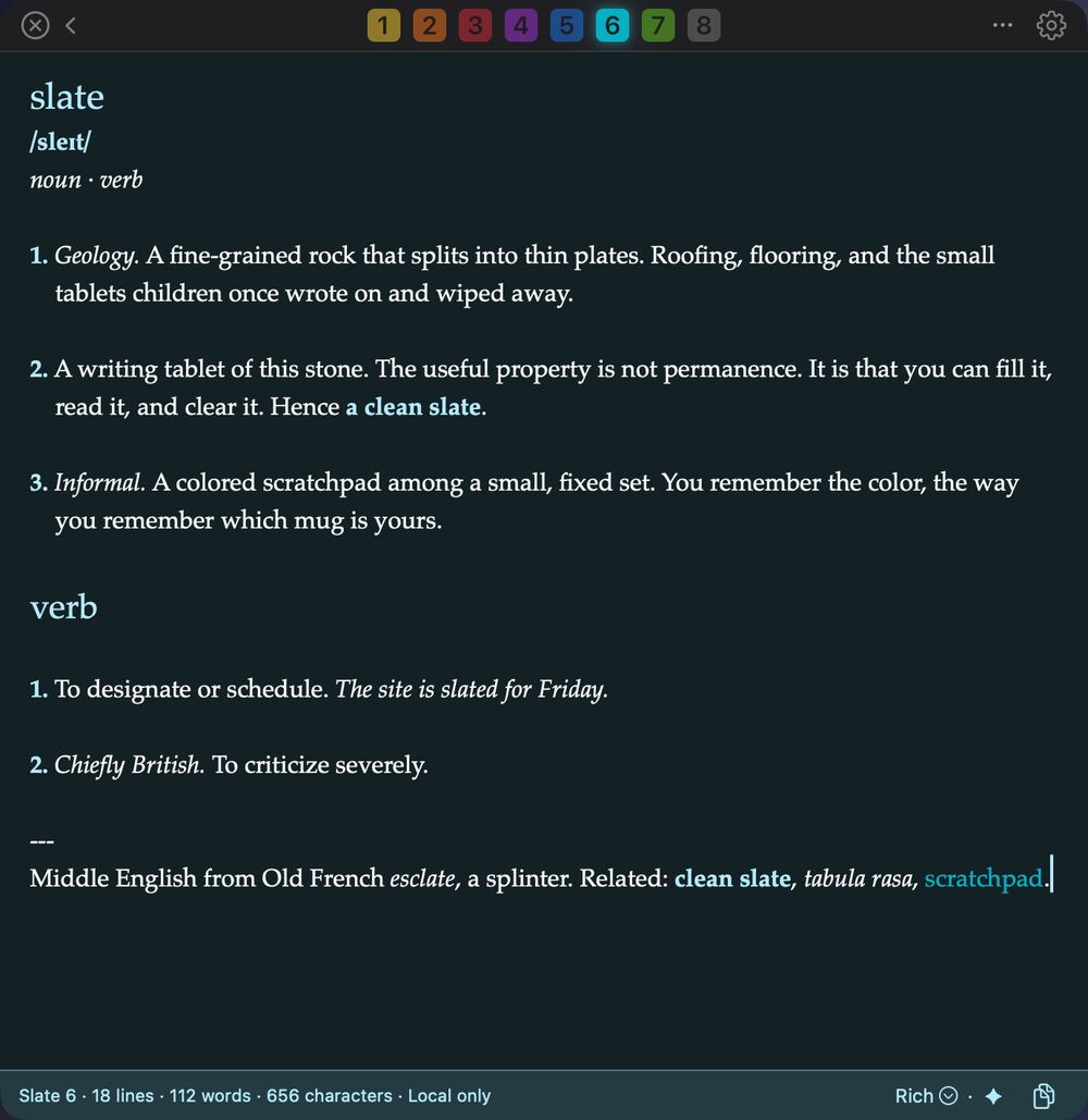Slate 6 in focus view: a cyan dictionary entry for the word slate, set in Palatino, with noun and verb senses and an etymology.