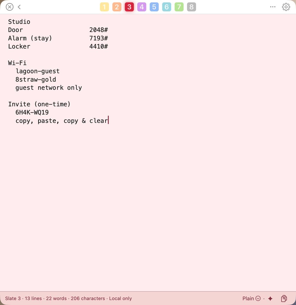 Plain mode in Light: slate 3’s studio codes on a pale rose wash.