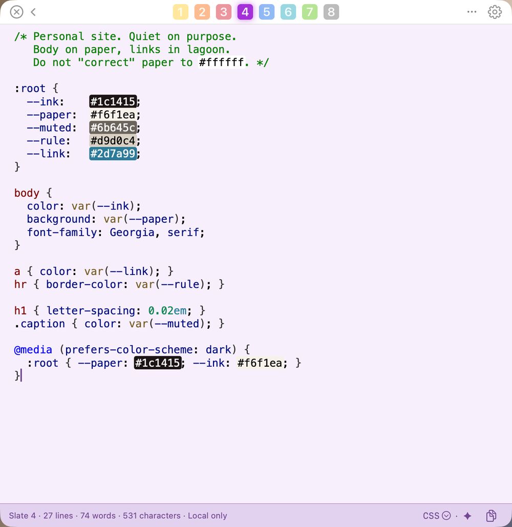 Code mode in Light: slate 4’s CSS on a pale lilac wash.