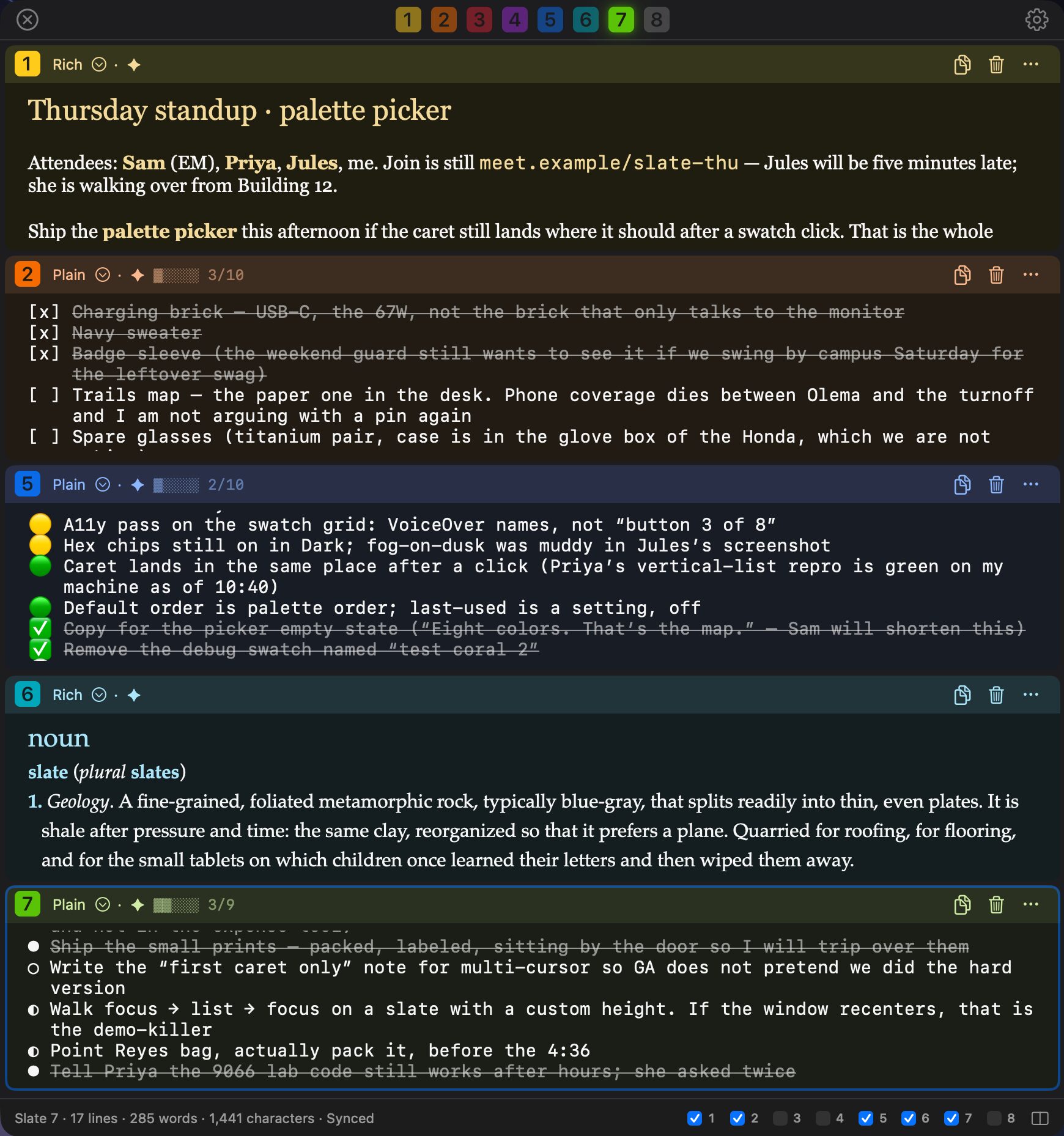Slates on a Mac in the dark palette: one window with a vertical list of colored slates. A yellow meeting note, an orange packing checklist, a blue launch board with traffic-light bullets, a cyan dictionary entry for the word slate, and a green task list. Numbered squares 1 to 8 run across the toolbar.