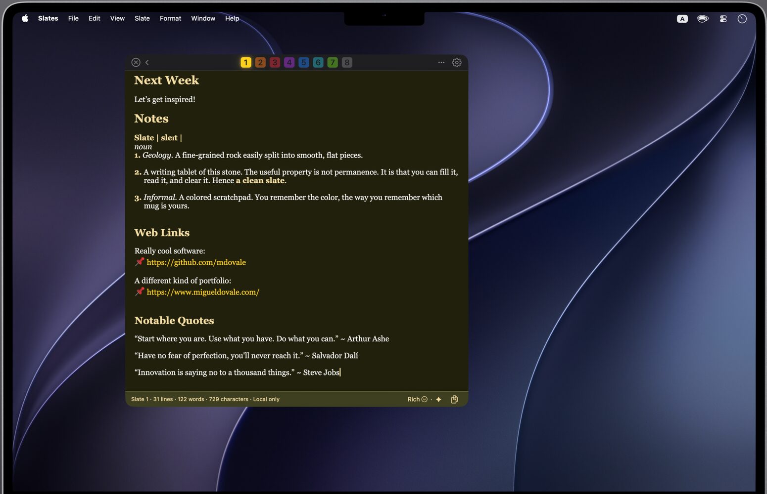 Slate 1 in focus: a yellow page titled Next Week, set in Georgia, with a dictionary-style note on the word slate, two web links, and three notable quotes.
