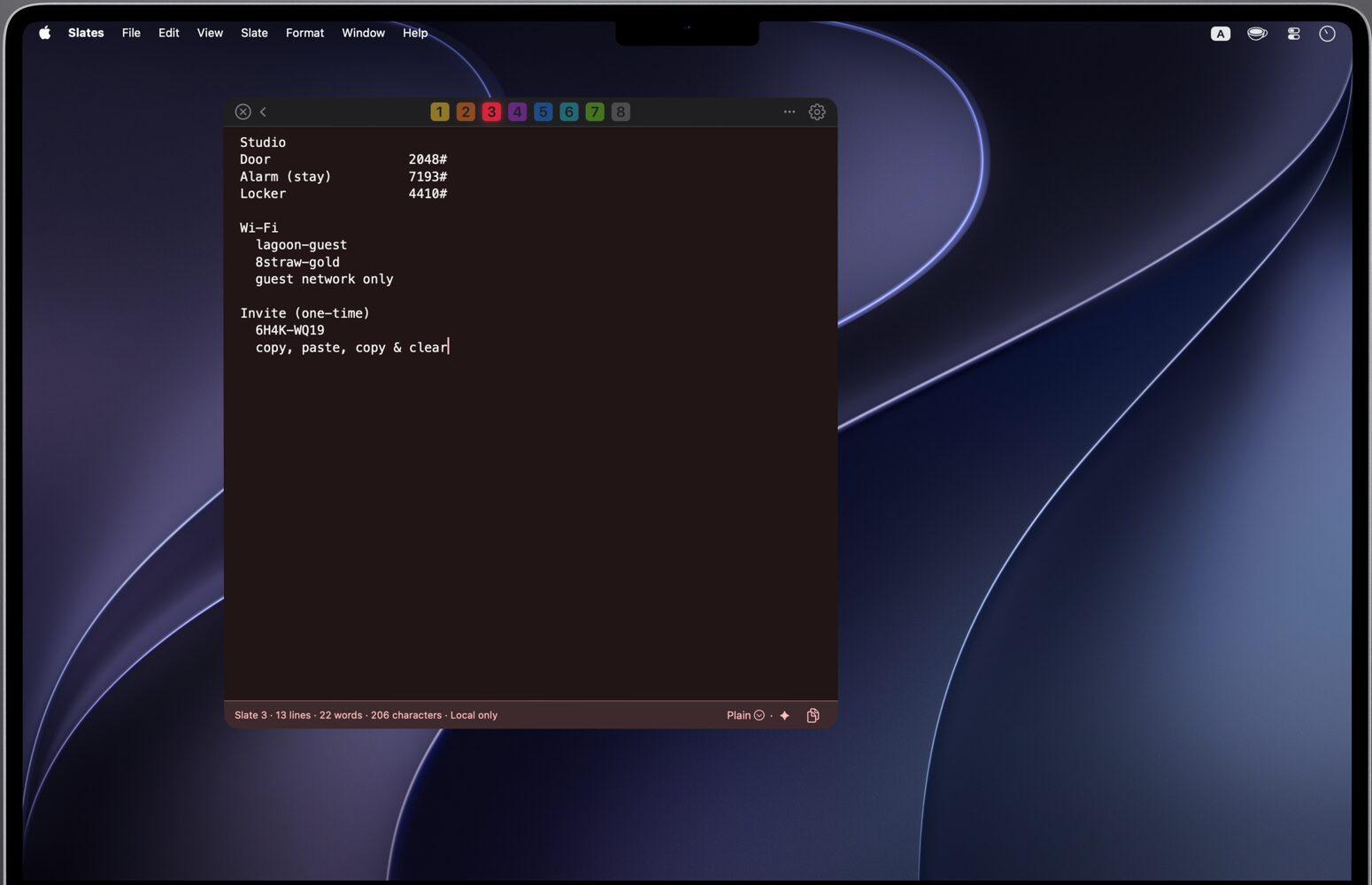Slate 3 in focus: studio door and alarm codes, a guest Wi-Fi network, and a one-time invite code, in plain monospaced text on deep red.