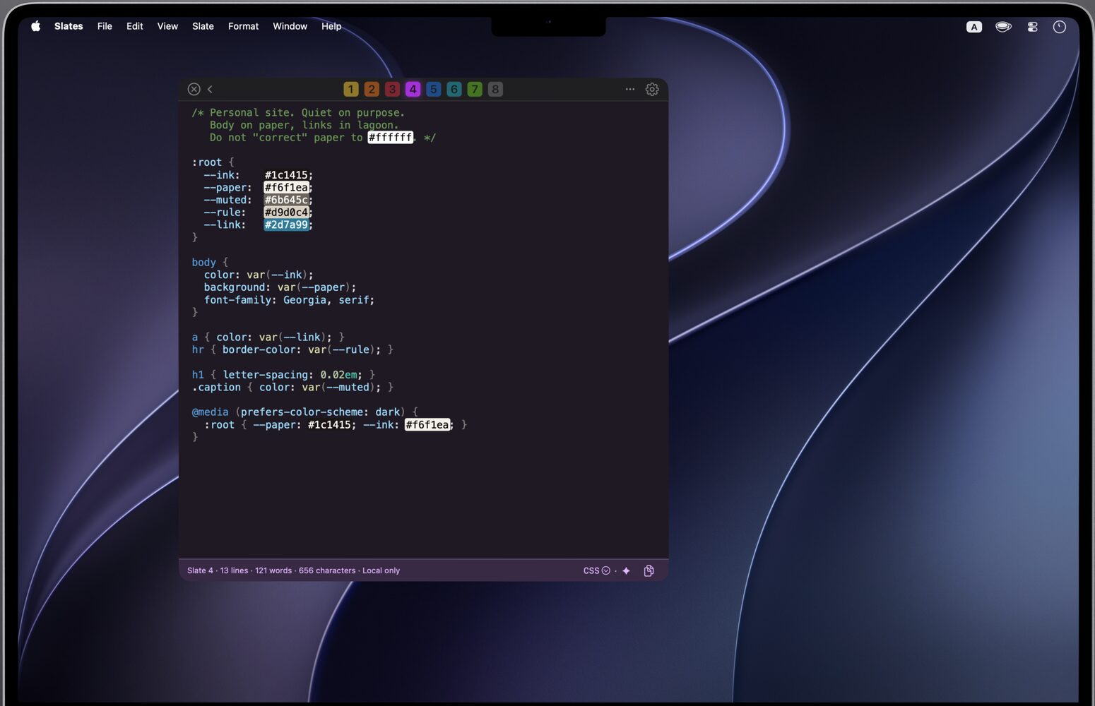 Slate 4 in focus: syntax-highlighted CSS for a personal site on purple, with a color chip beside each hex value.