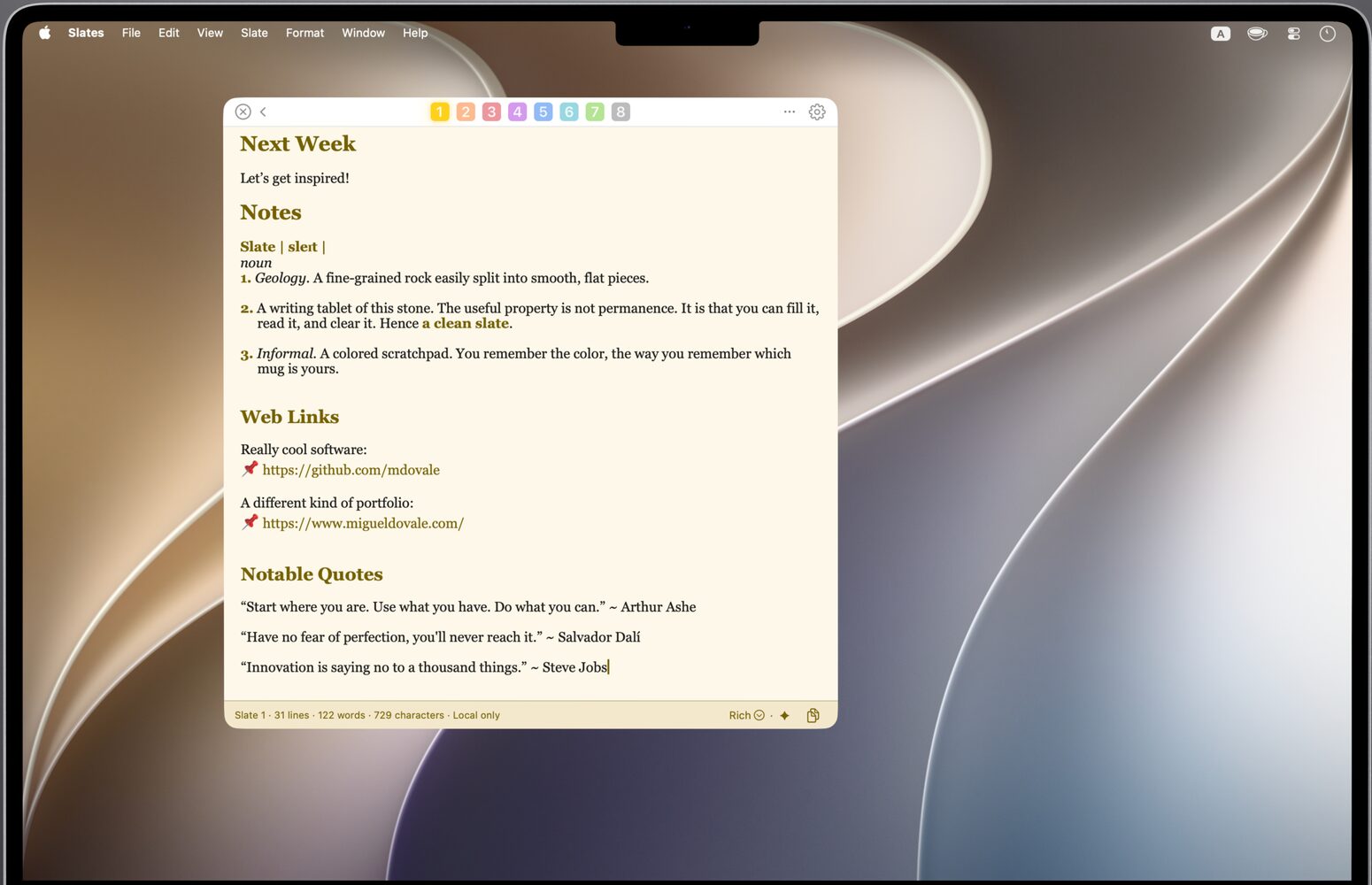 Slate 1 in focus: a yellow page titled Next Week, set in Georgia, with a dictionary-style note on the word slate, two web links, and three notable quotes.