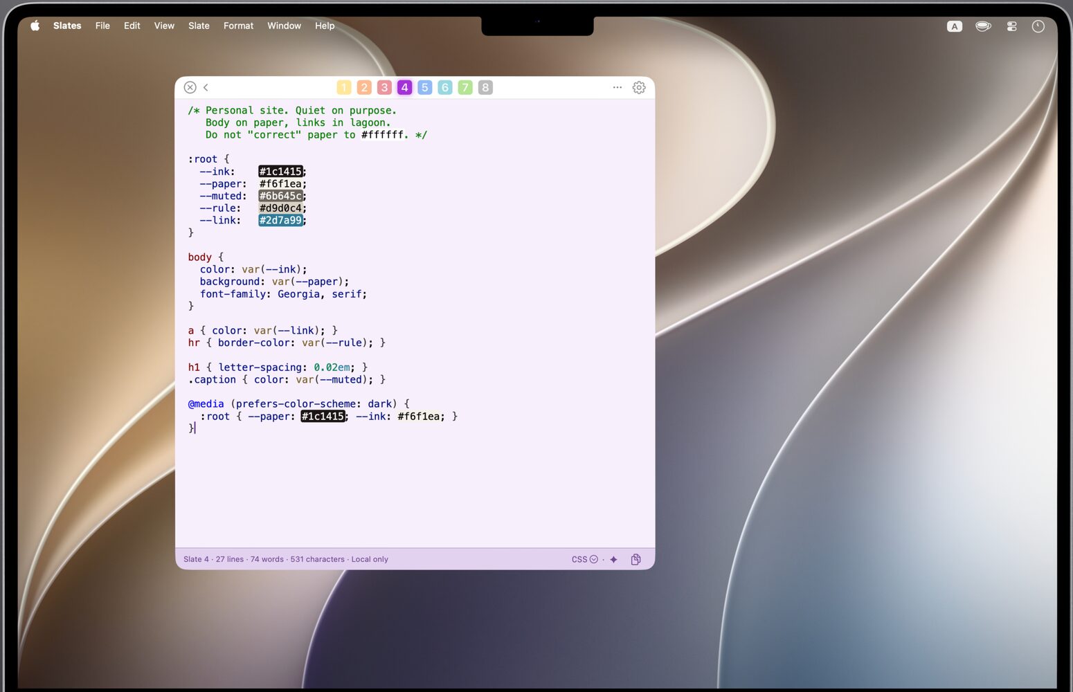 Slate 4 in focus: syntax-highlighted CSS for a personal site on purple, with a color chip beside each hex value.